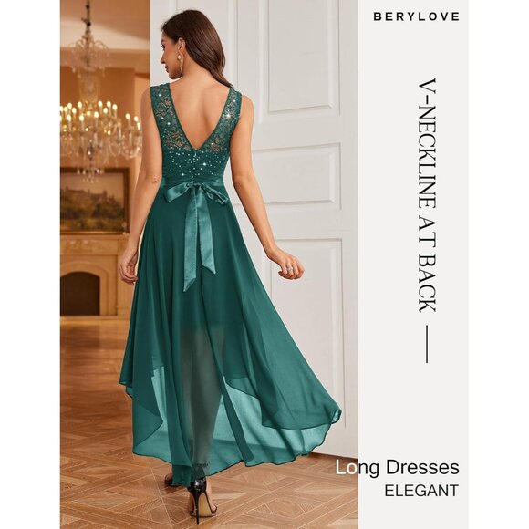 BeryLove Women Peacock SequinChiffon Scoop Neck Sleeveless Lace Cocktail Dresses - Picture 4 of 6